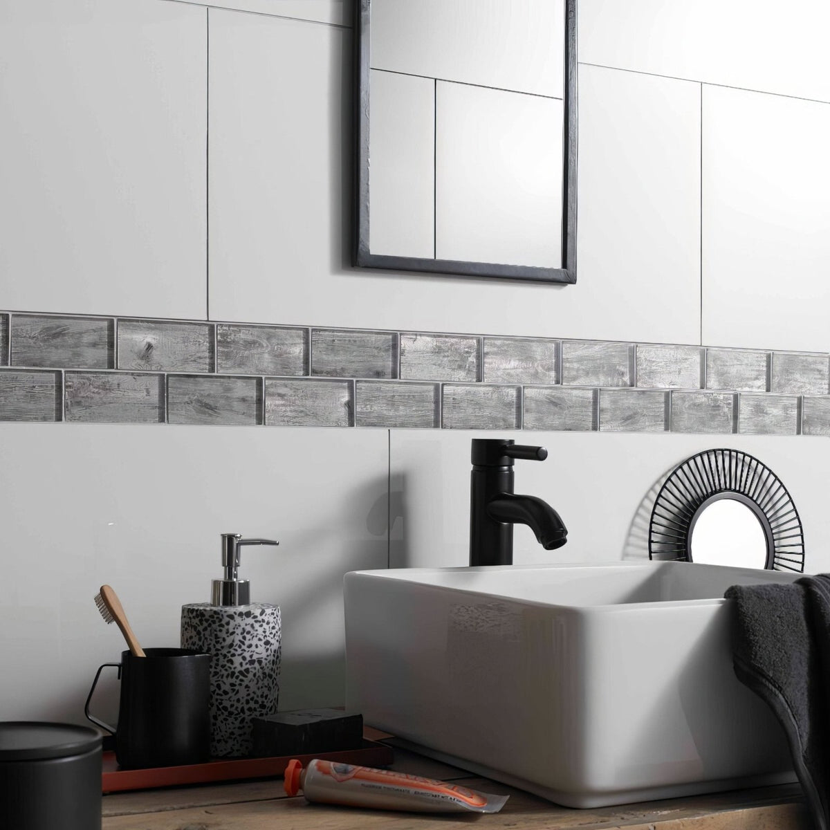 Silver Wood Effect Glass Brick Mosaic