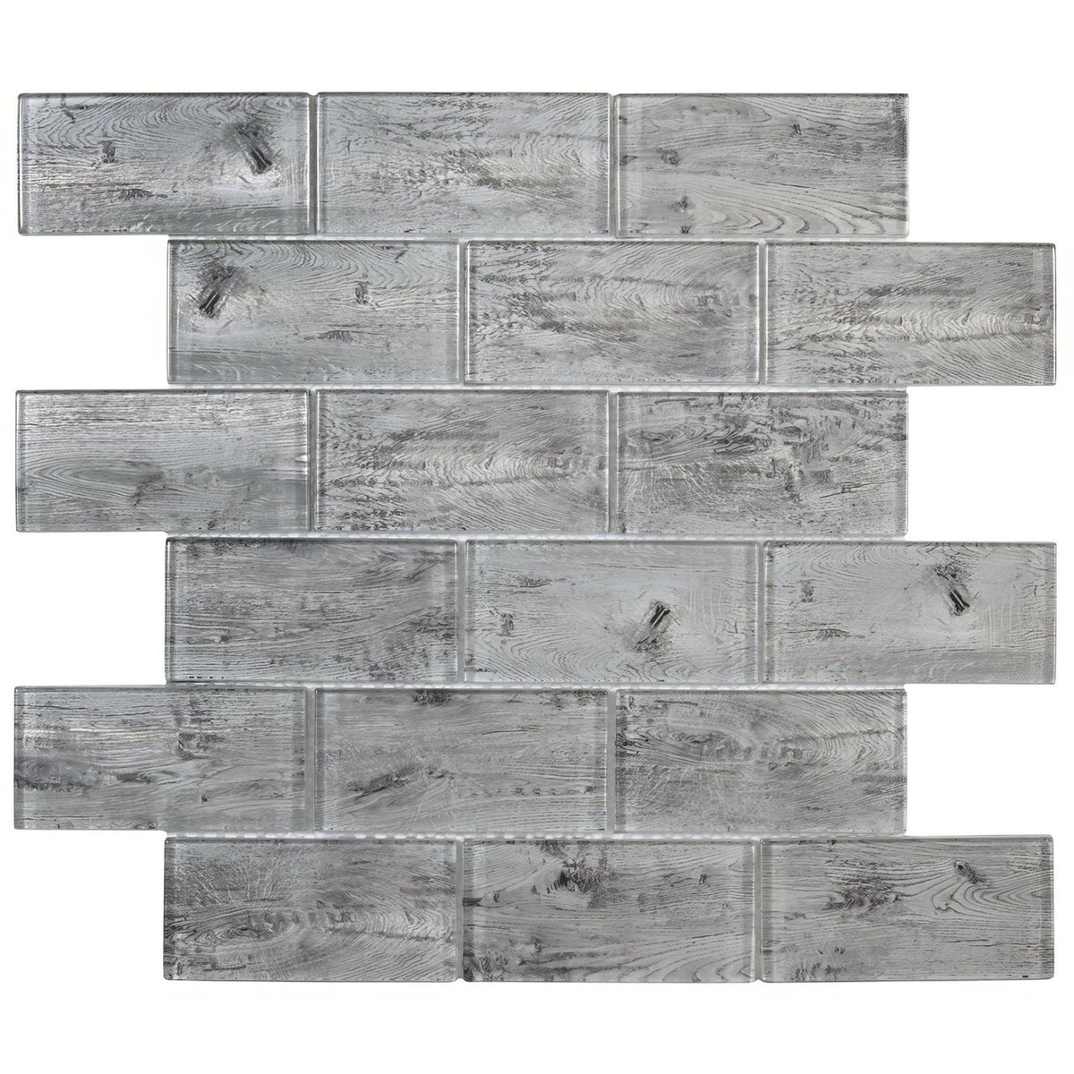Silver wood effect glass brick mosaic showing gray glass mosaic tile with rustic wood grain pattern