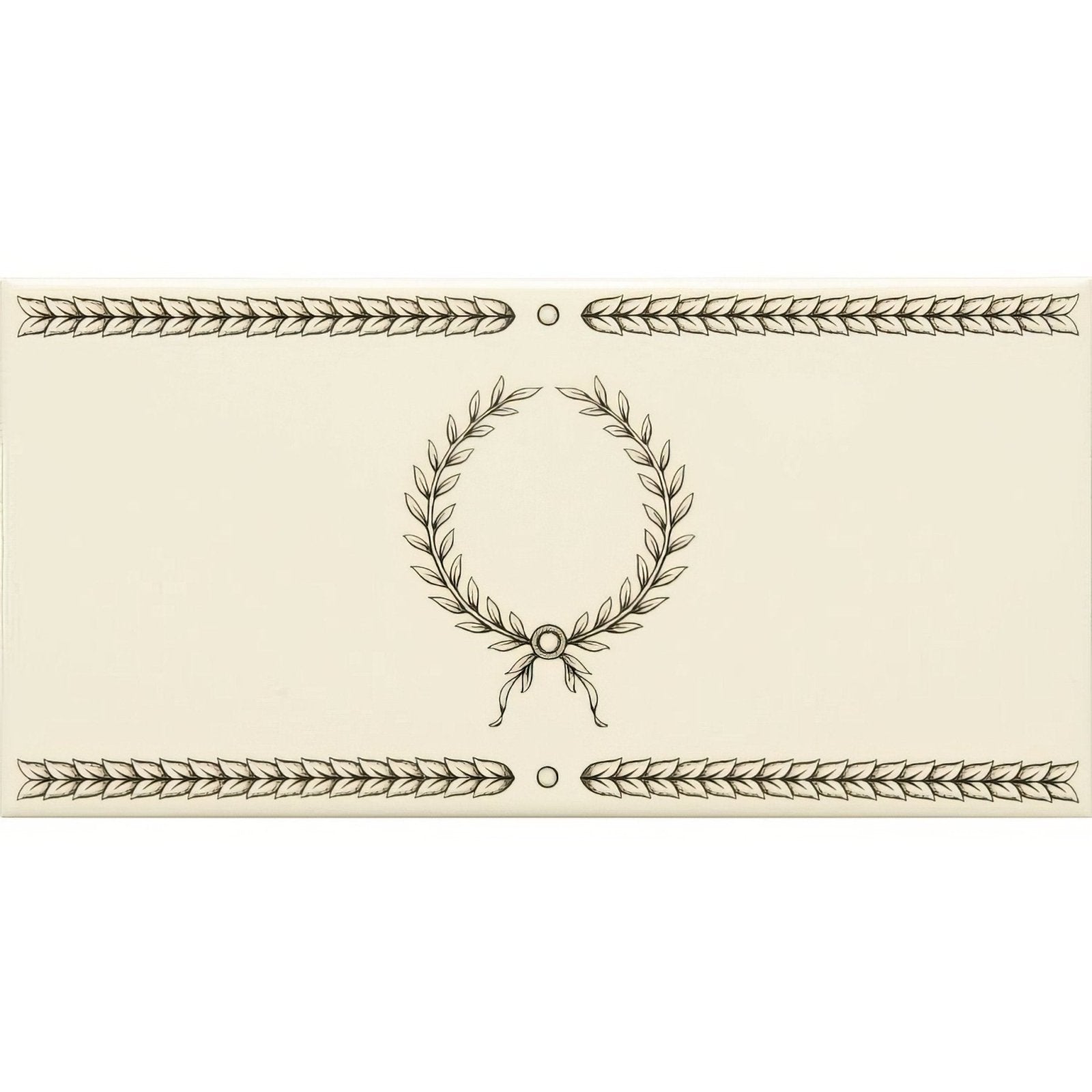Cream-colored rectangular tile with elegant black laurel wreath and braided borders in charcoal grey on county white
