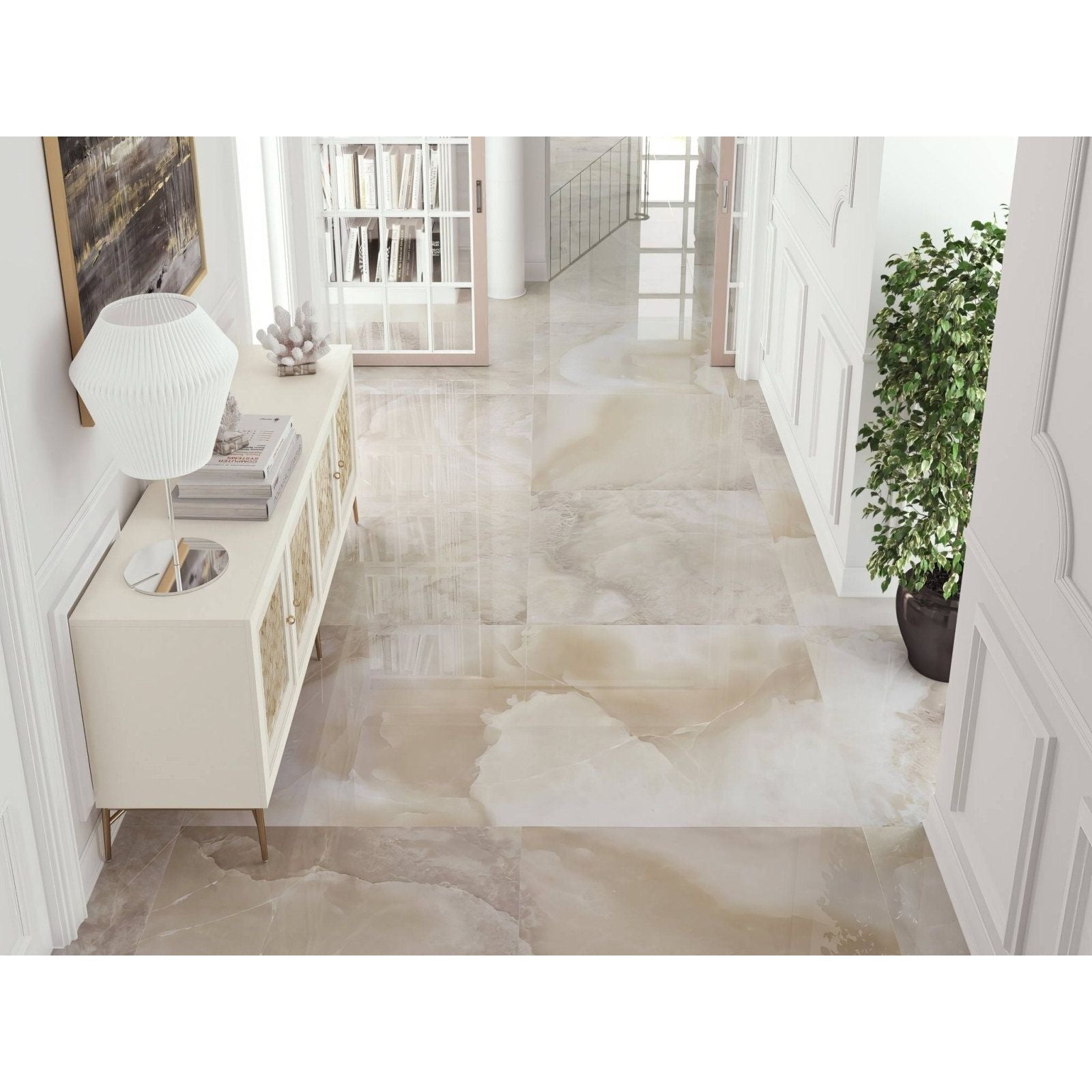 Beige and white marble-effect polished floor tiles with a reflective surface sochi 1805 beige polished