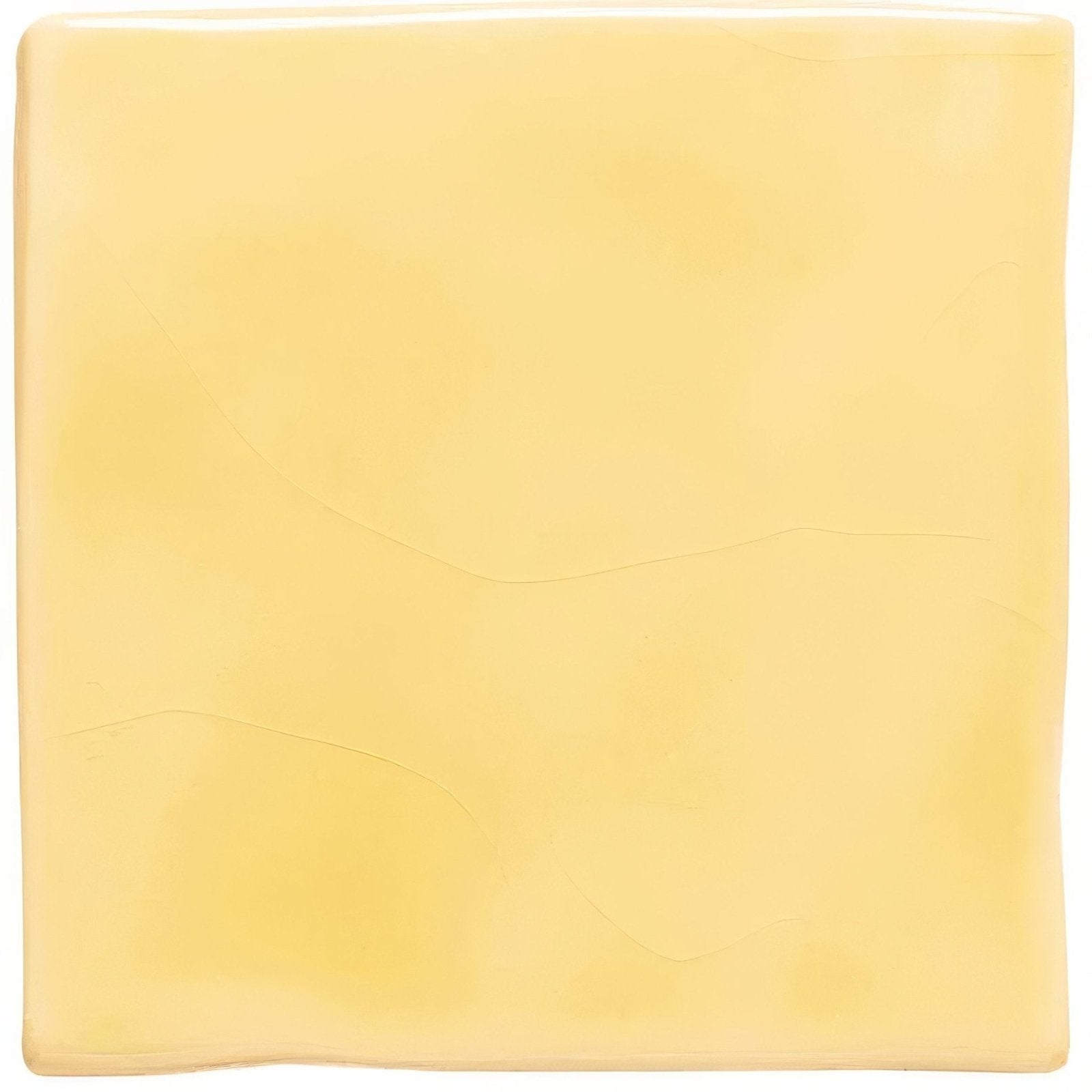 Soft yellow field tile square slice of pale yellow cheese with smooth glossy surface and natural indentations