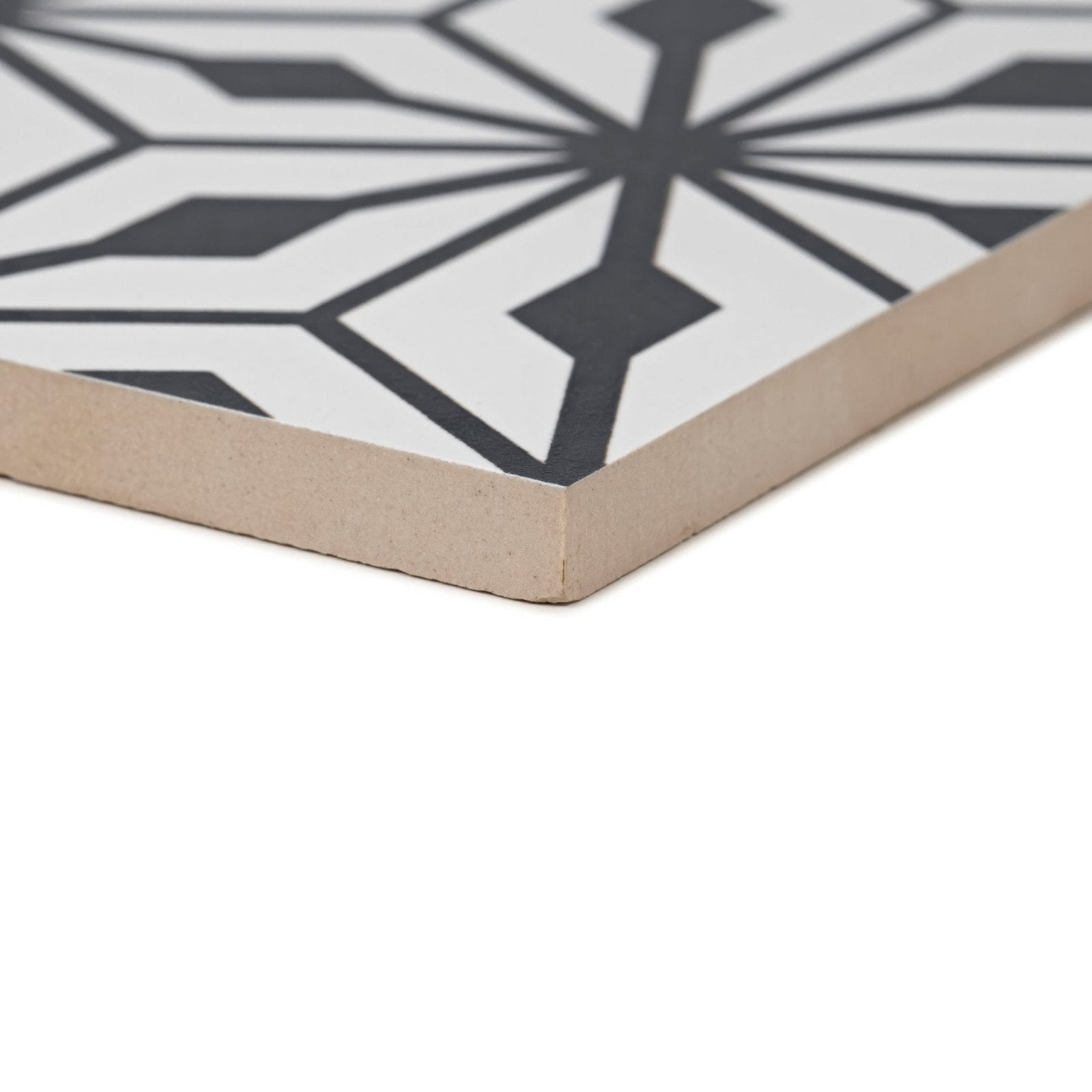 Black and white geometric patterned sorrento nizza porcelain tile with a matte finish for elegant flooring or walls