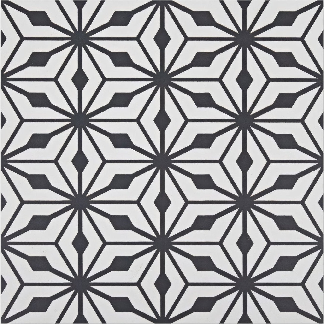 Sorrento nizza porcelain tile with black and white geometric starburst pattern ideal for flooring and walls