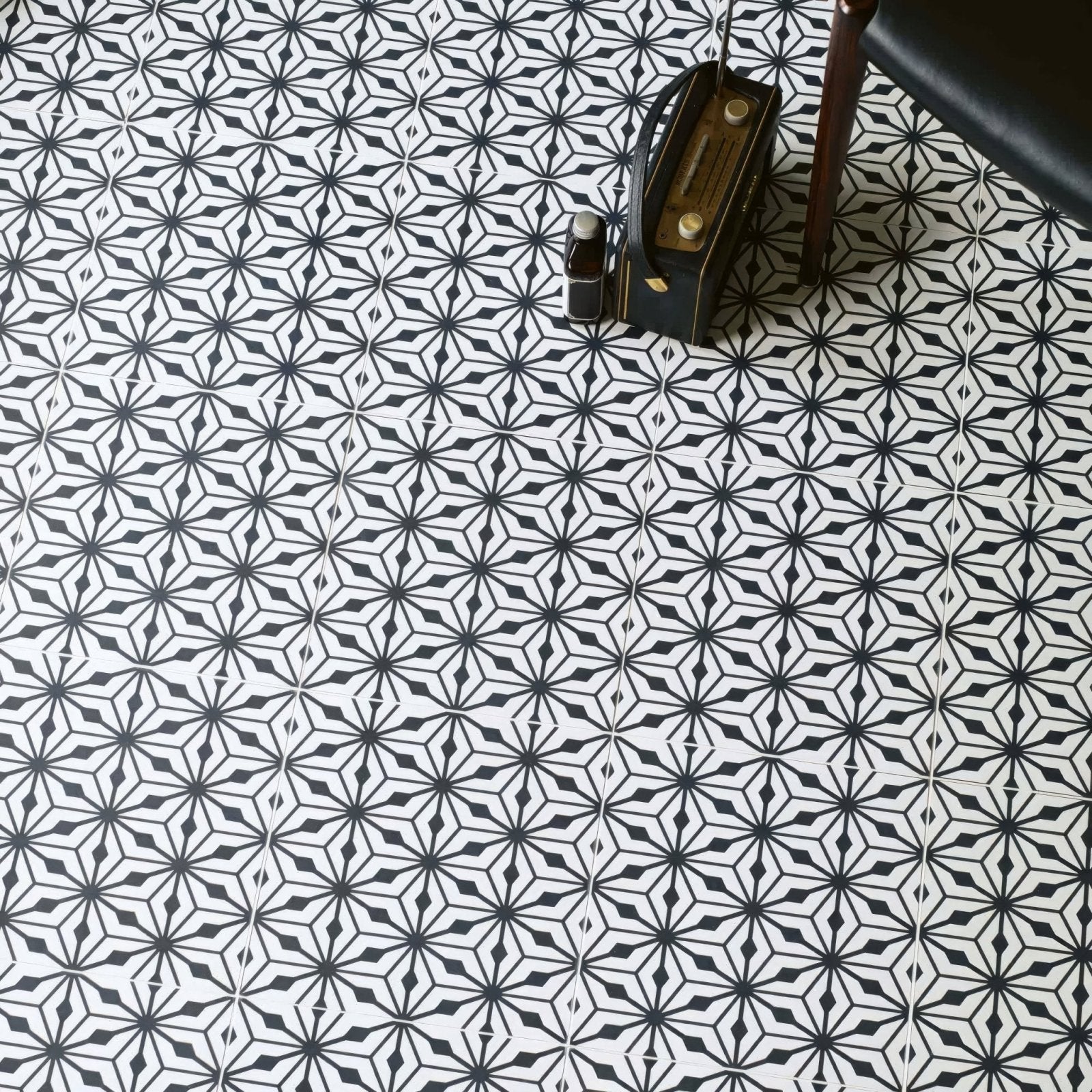 Black and white geometric patterned sorrento nizza porcelain floor tile for stylish indoor use