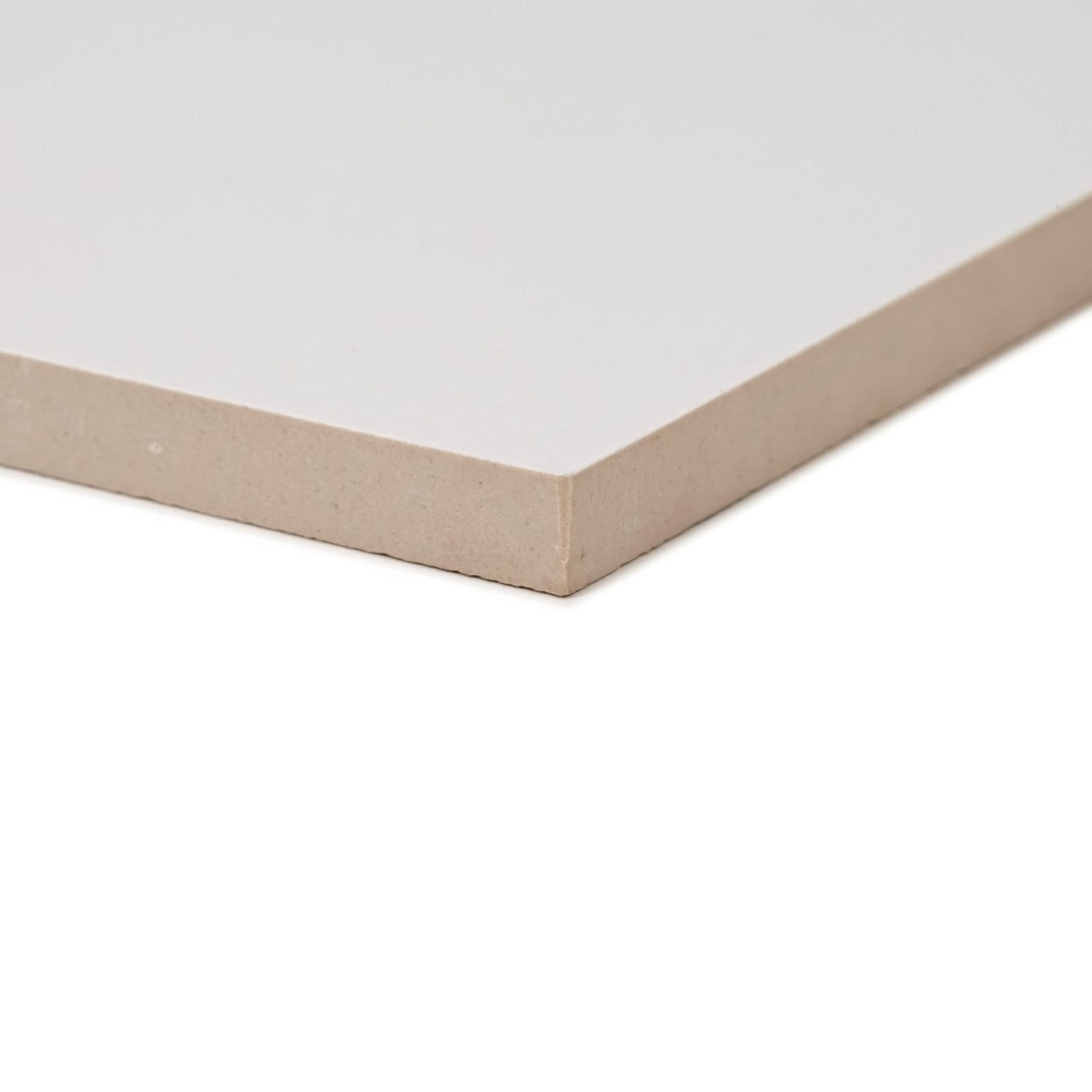 Sorrento white porcelain tile with white melamine board and beige edge for durable wall and floor applications