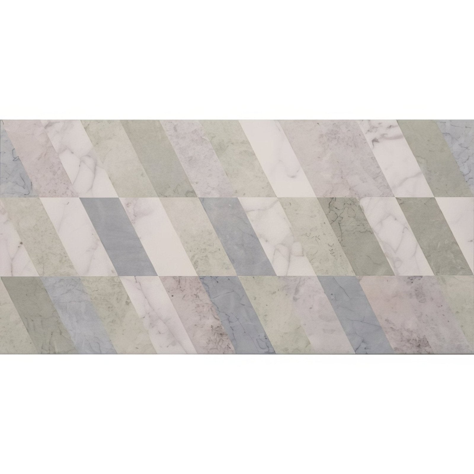 South beach collins 60x30cm diagonal-striped marble-effect tiles in soft white gray and muted green hues