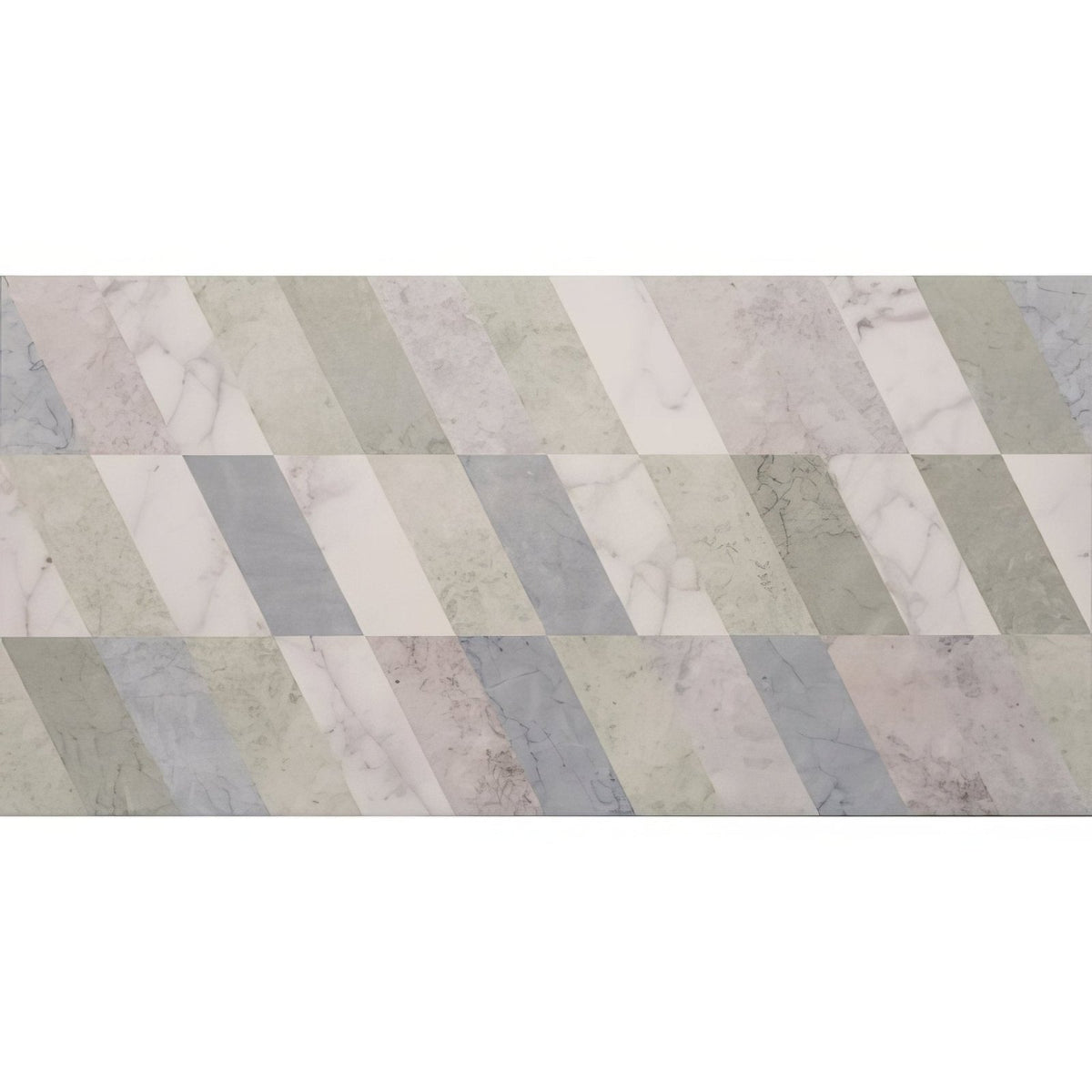 South beach collins 60x30cm diagonal-striped marble-effect tiles in soft white gray and muted green hues