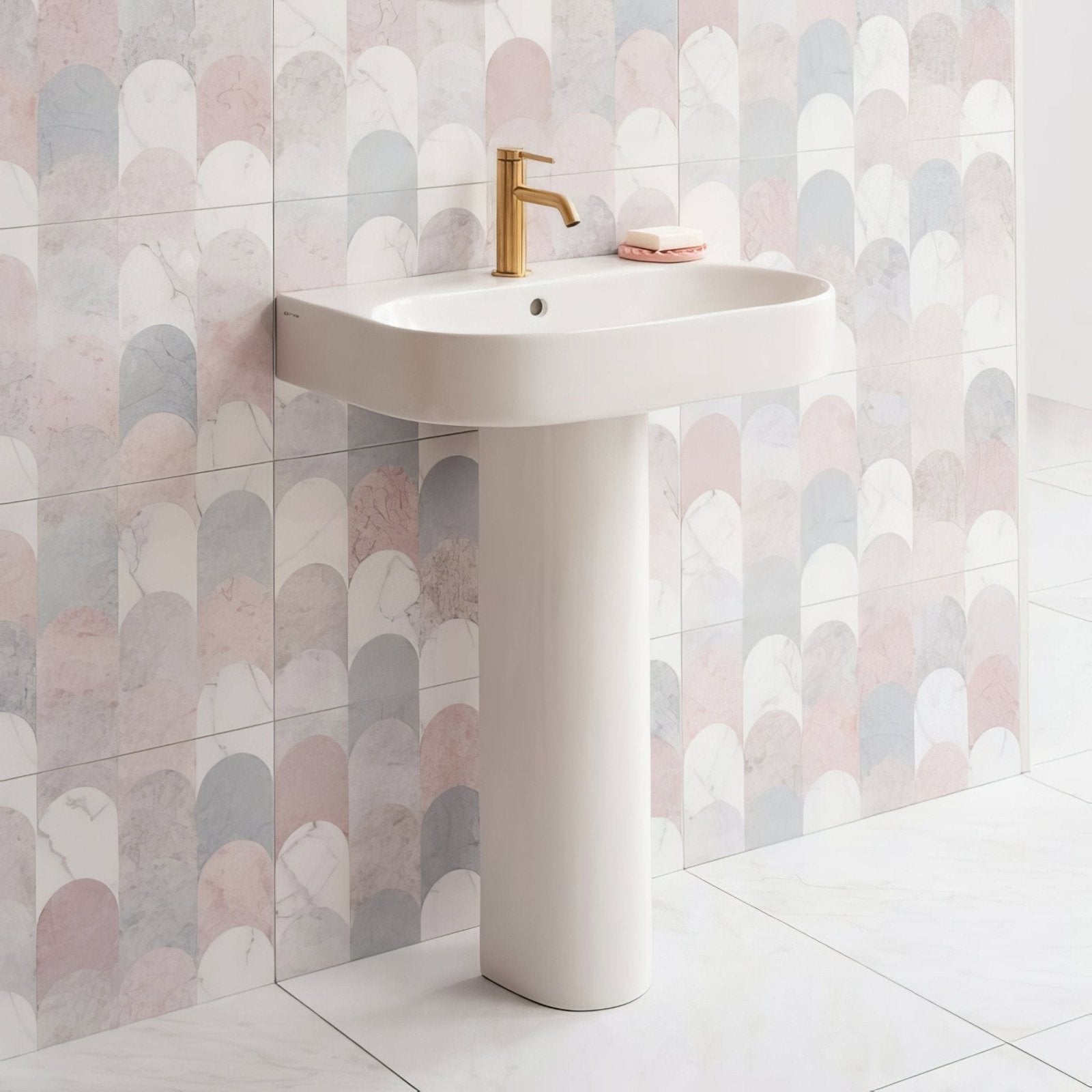 White ceramic pedestal sink south beach delano 60x30cm with gold toned faucet for stylish bathroom use