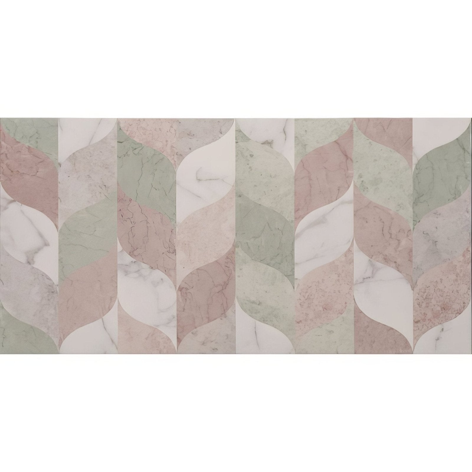 South beach ocean 60x30cm rectangular ceramic tile with modern abstract leaf pattern in pastel pink green and white