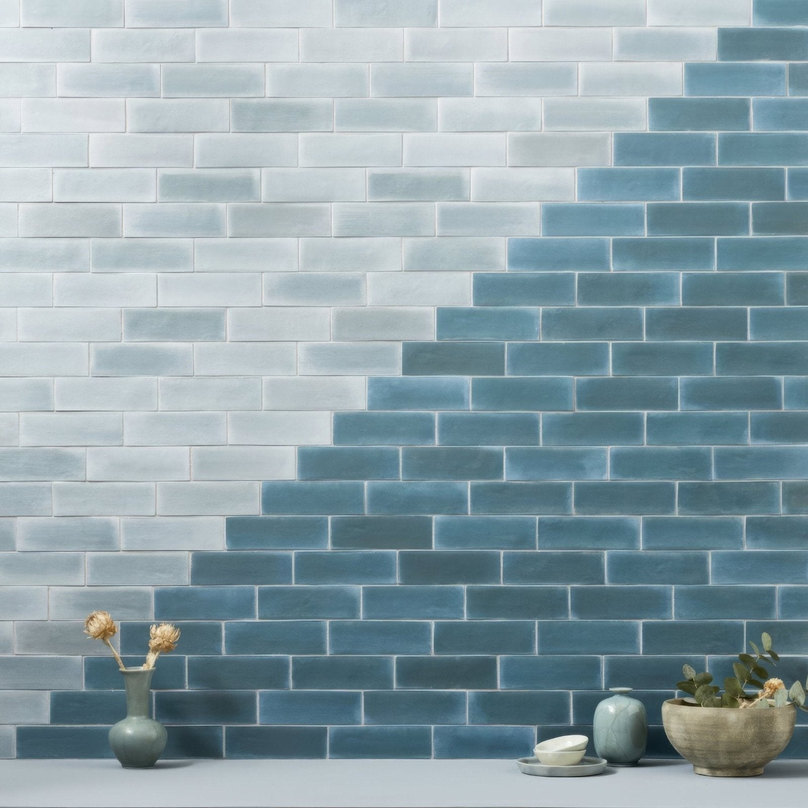 Blue gradient subway tile wall featuring south cliff teal brick ceramic tiles ideal for modern interiors