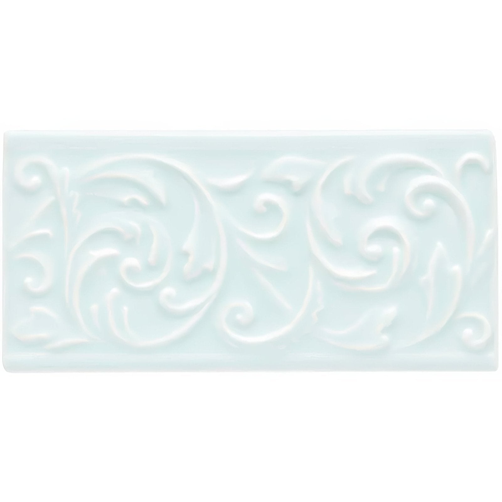 Southwold Buckingham rectangular light mint-green ceramic tile with embossed ornate scrollwork design