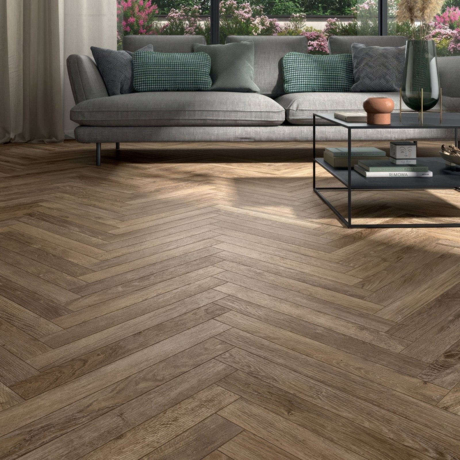 Southwold Elm Herringbone warm-toned wooden elm floor tiles arranged in a classic herringbone pattern