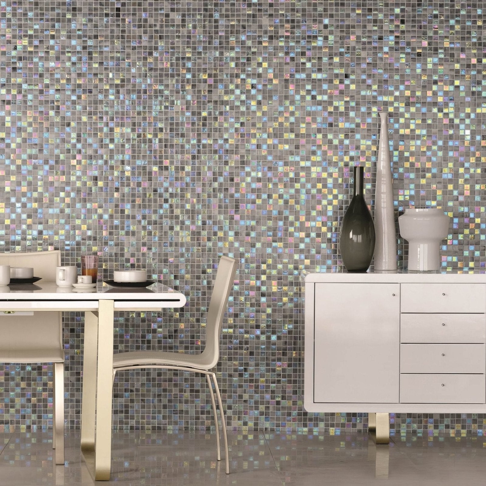 Iridescent spectre film faced mosaic 25mm tile wall with shimmering multicolored pattern and reflective finish