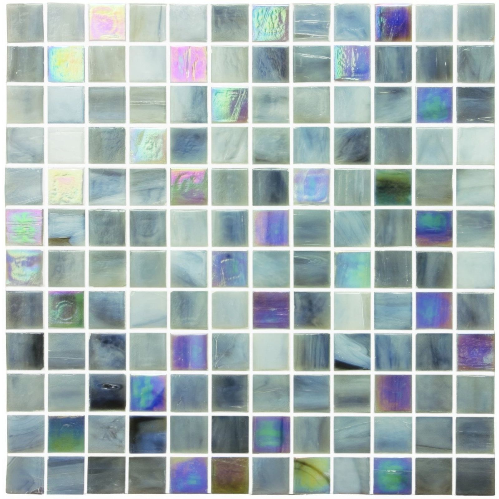 Spectre film faced mosaic 25mm iridescent glass tile in soft gray blue and subtle rainbow hues