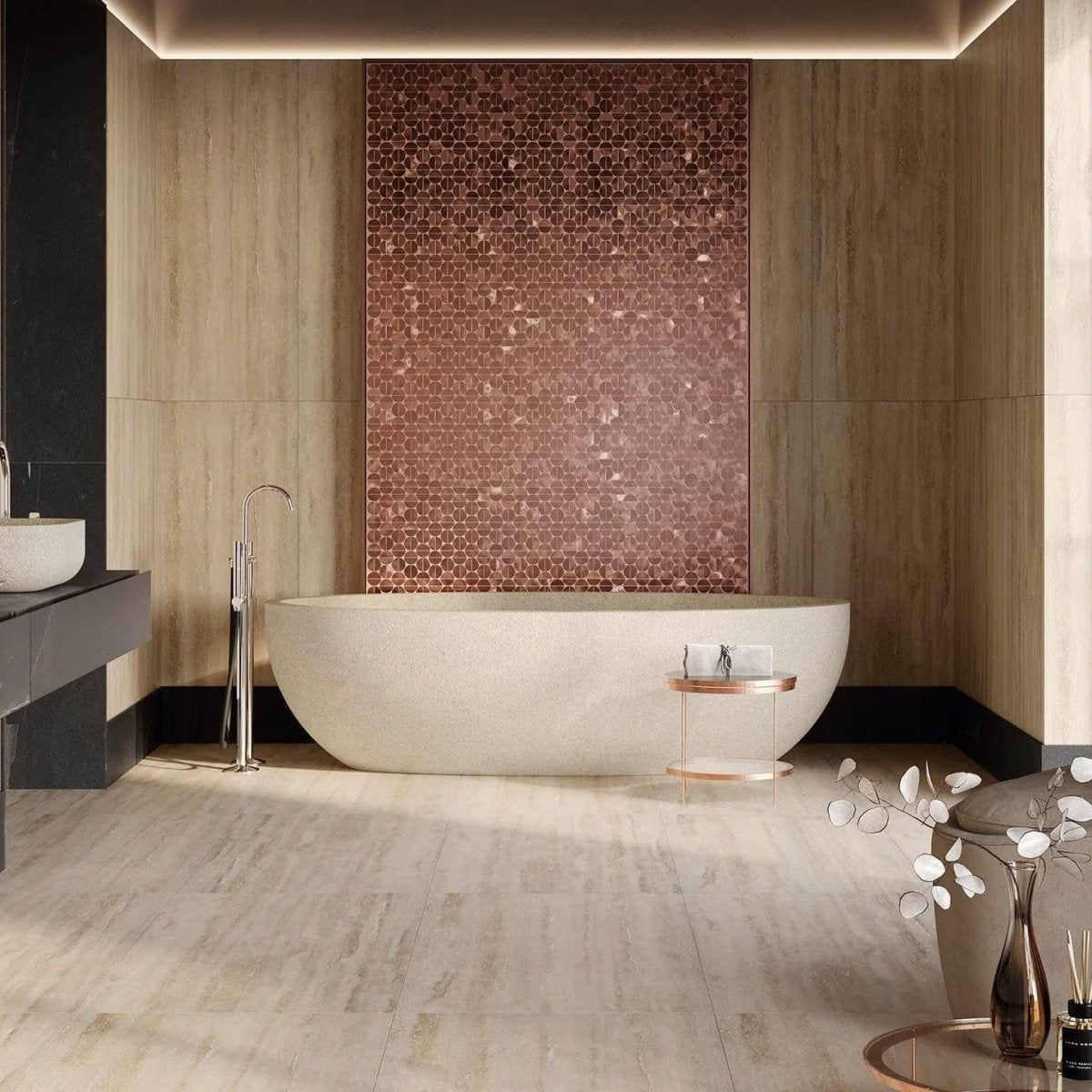 Sphere Copper Metal Mosaic copper circular metal mosaic with a beige freestanding bathtub