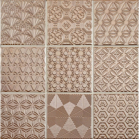 Set of nine vintage-style copper-toned embossed metal tiles with intricate geometric and floral patterns spirit copper mosaic