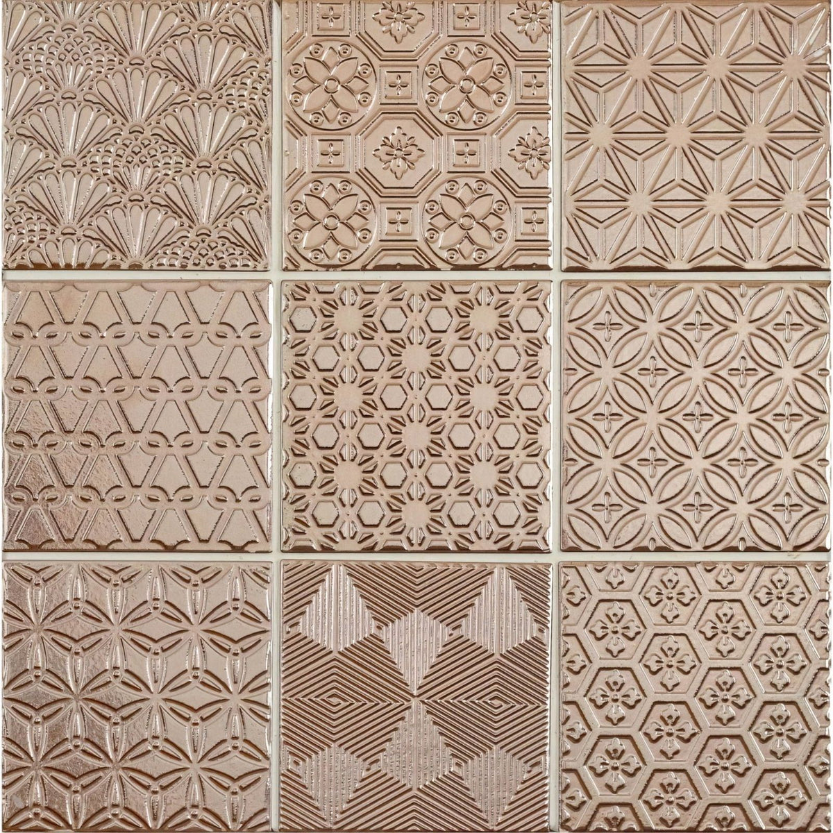 Set of nine vintage-style copper-toned embossed metal tiles with intricate geometric and floral patterns spirit copper mosaic
