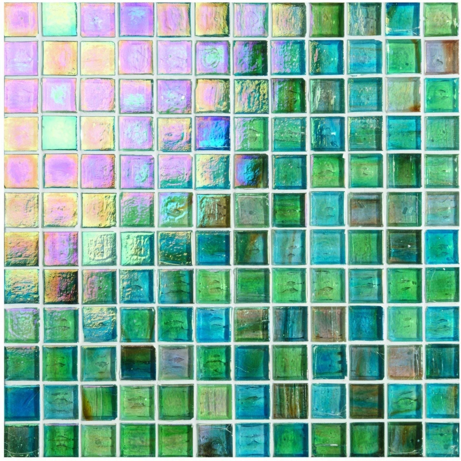 Spirit film faced mosaic 25mm iridescent glass tile with shimmering green blue and purple multicolored surface