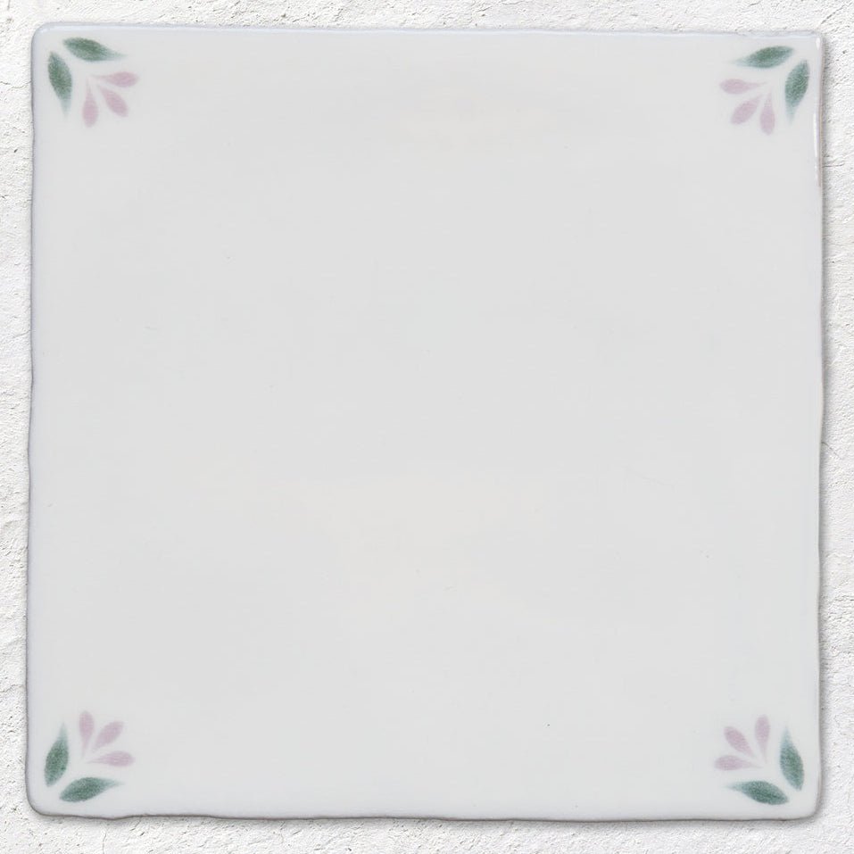 Spring April rose white ceramic tile 13 x 13cm with delicate green and lavender floral motifs at each corner