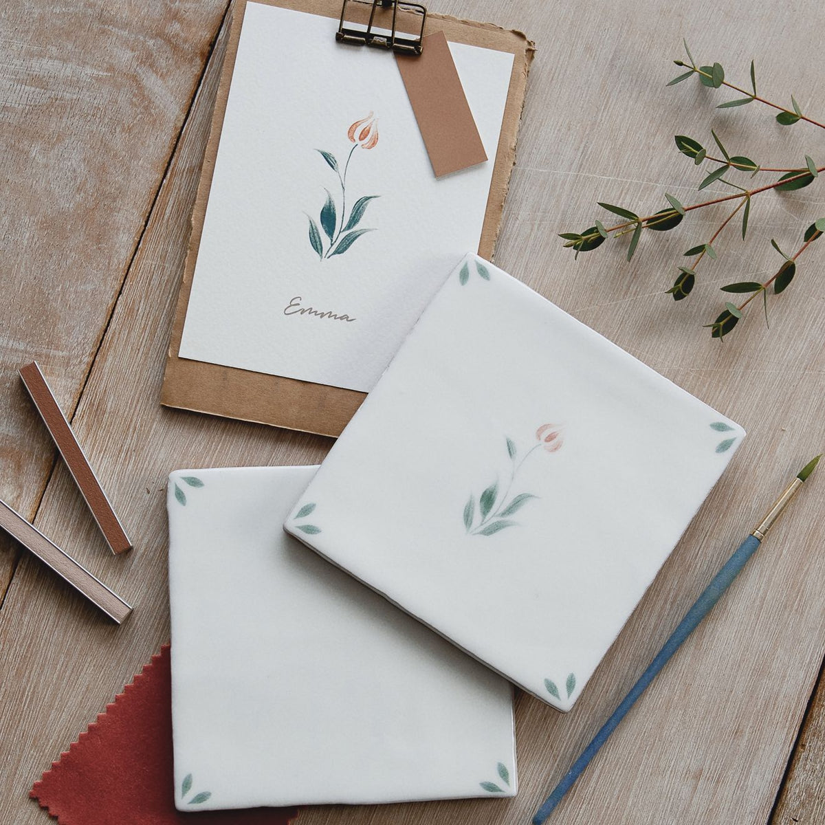 White ceramic tiles spring Emma 13 x 13cm with delicate hand-painted soft pink and green floral designs