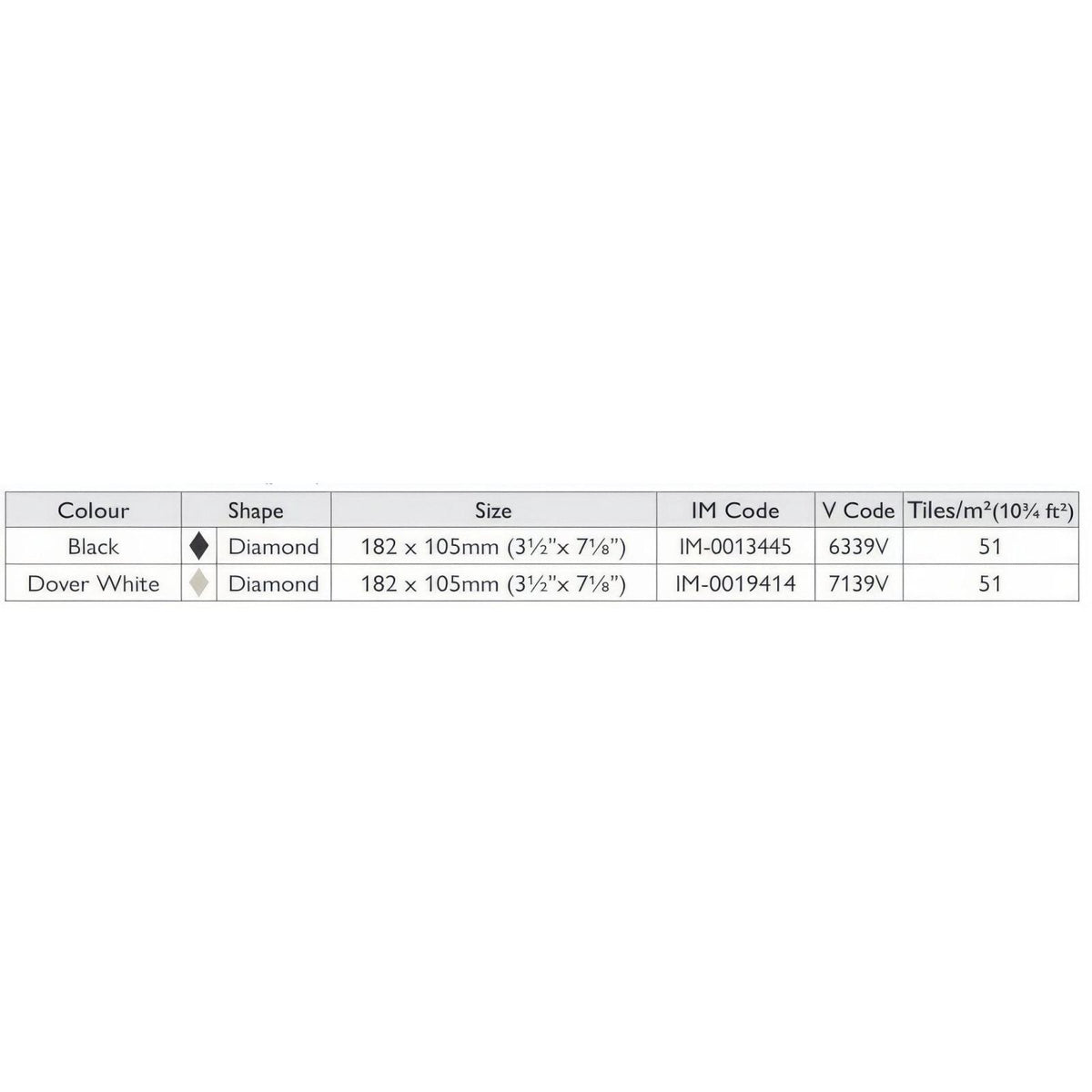 Black and dover white diamond-shaped ceramic tiles measuring 182 x 105mm for flooring and wall use