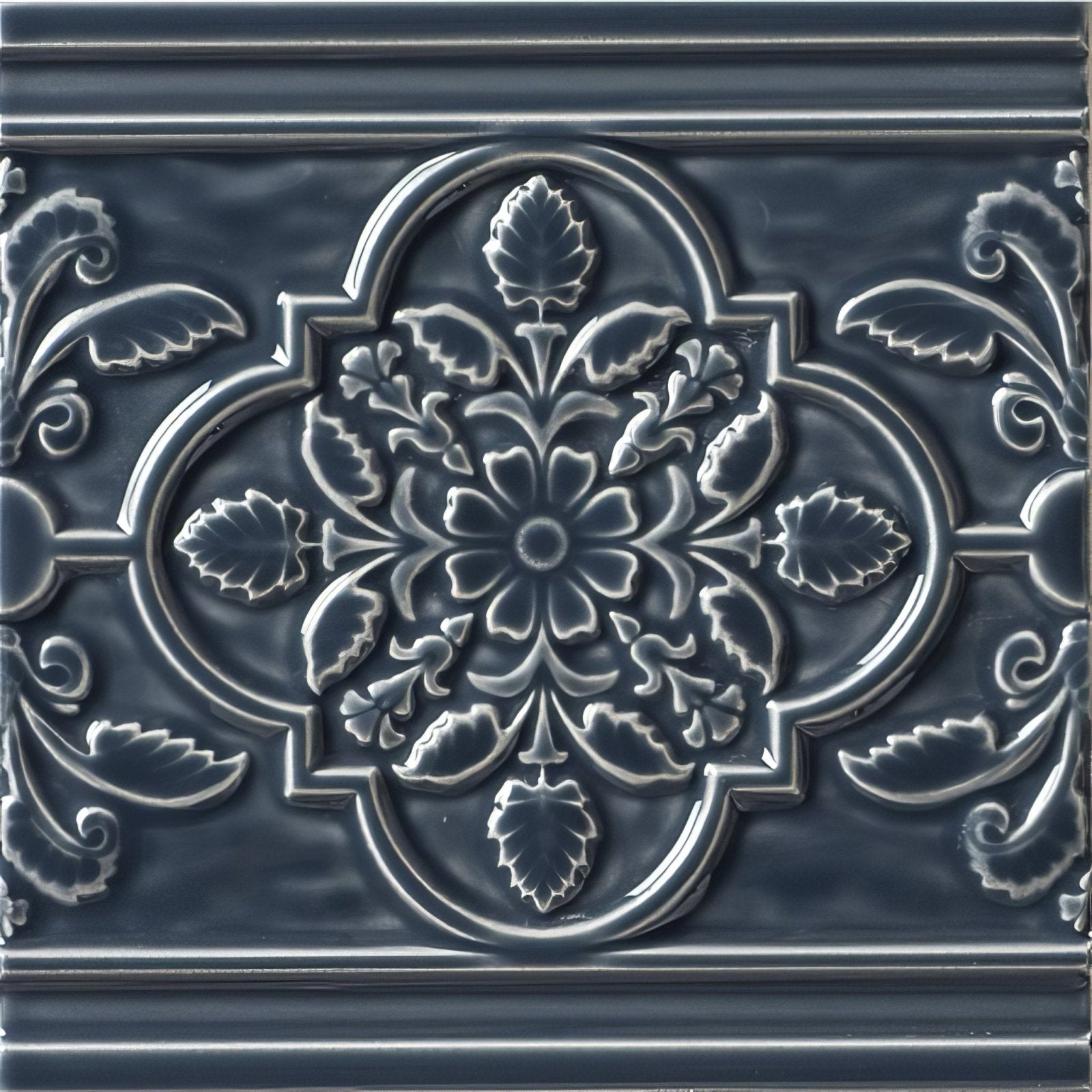 Dark gray ornate ceiling tile st james on ascot blue with raised floral and leaf patterns in vintage design