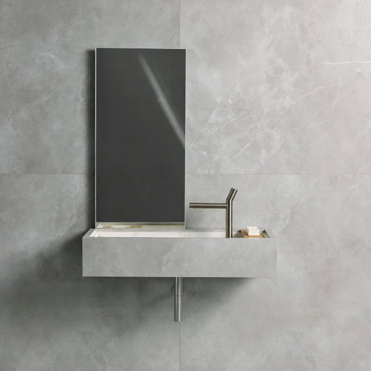 St Martin 90x90 Matt beige marble-effect tiles with a vanity and framed mirror