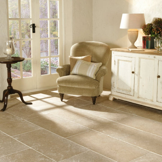 Beige stone effect floor tiles with subtle textured finish st sernin tumbled limestone 400 x 400mm