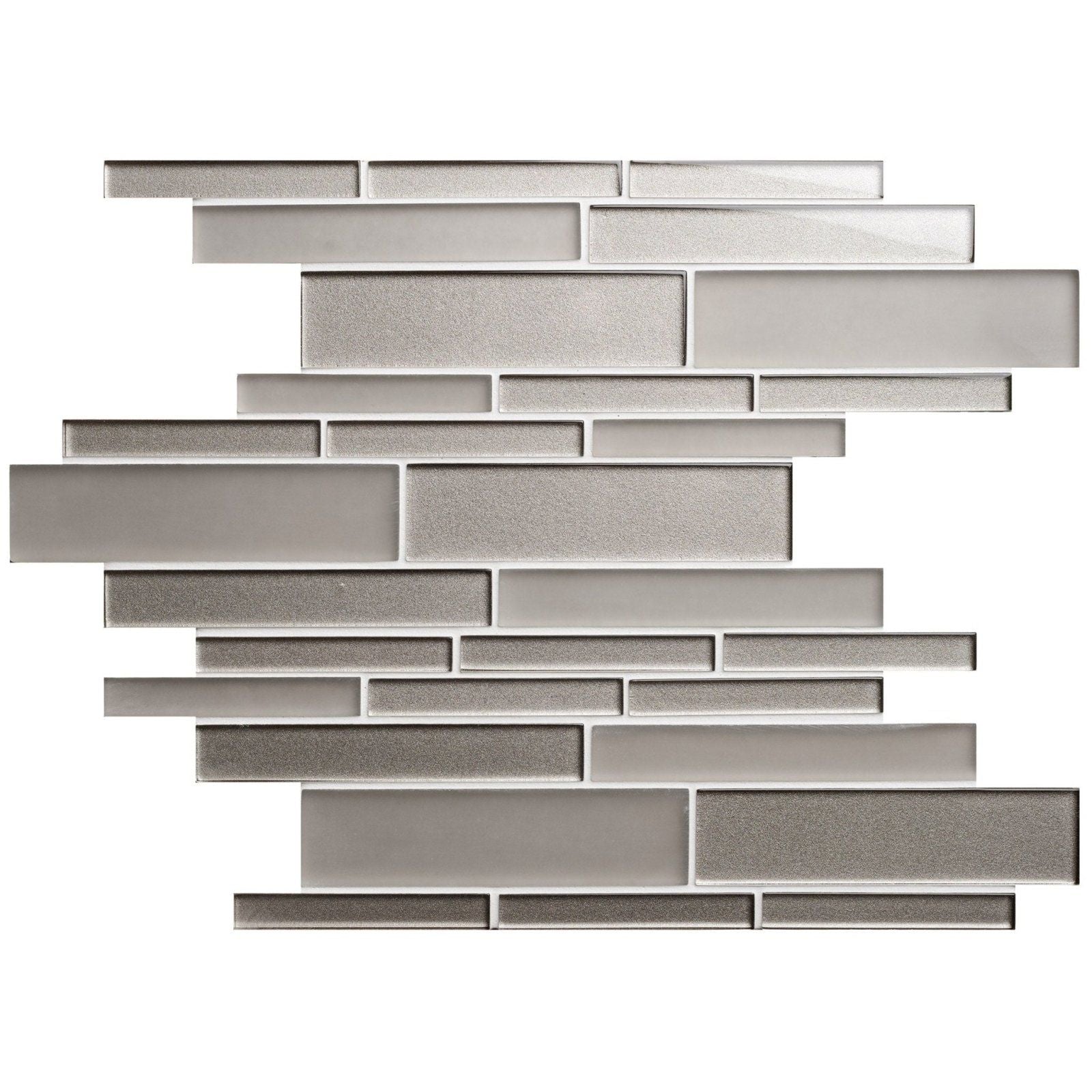Starcia mixed format mosaic silver-toned glass tile with smooth and textured rectangular pieces in staggered pattern