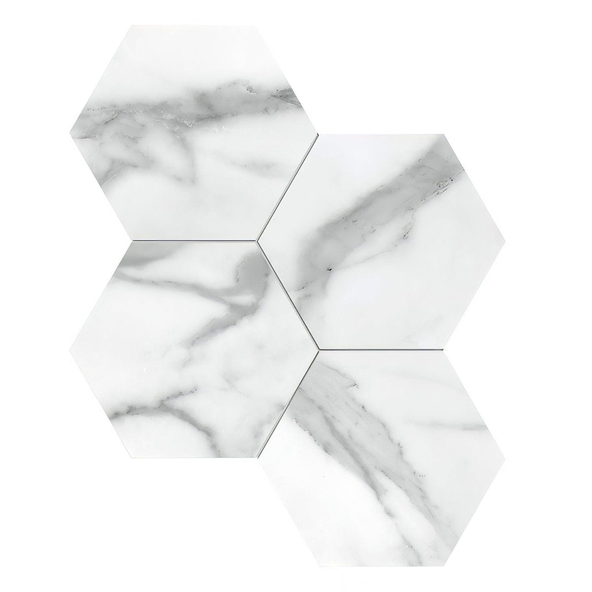 White hexagonal marble effect honed mosaic tiles with gray veining from statuarios nuovo collection