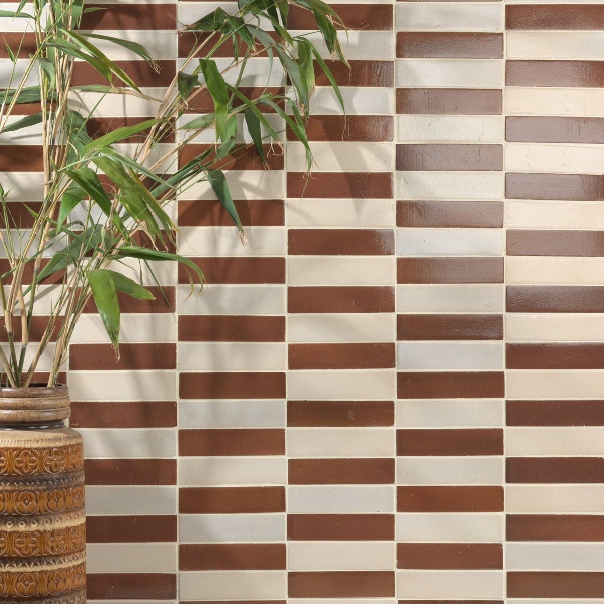 Brown and cream horizontal stripe mosaic tile wall in stone glaze ceramic cola gloss brick finish