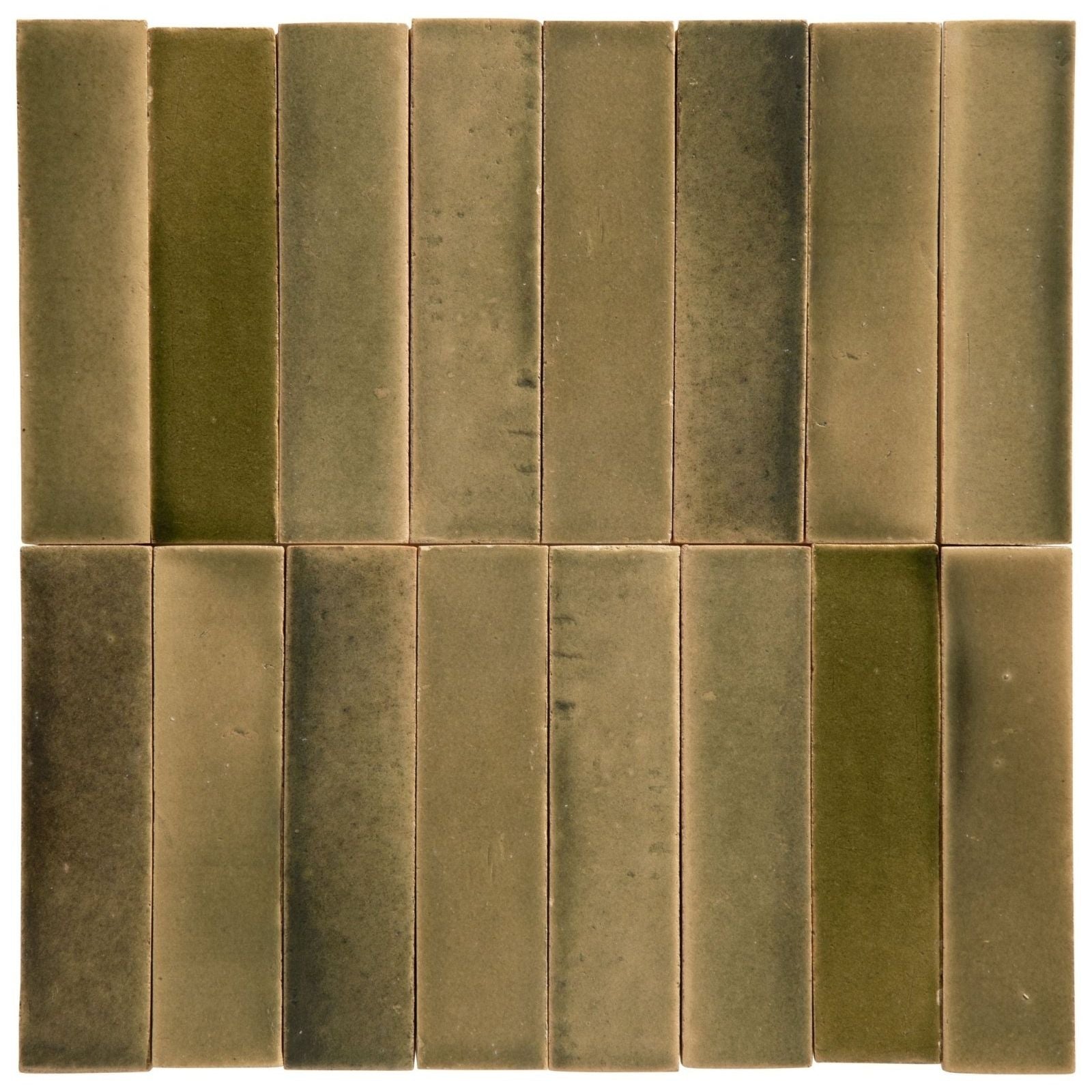 Olive-green rectangular stone glaze ceramic lemongrass gloss brick tiles arranged in a grid pattern
