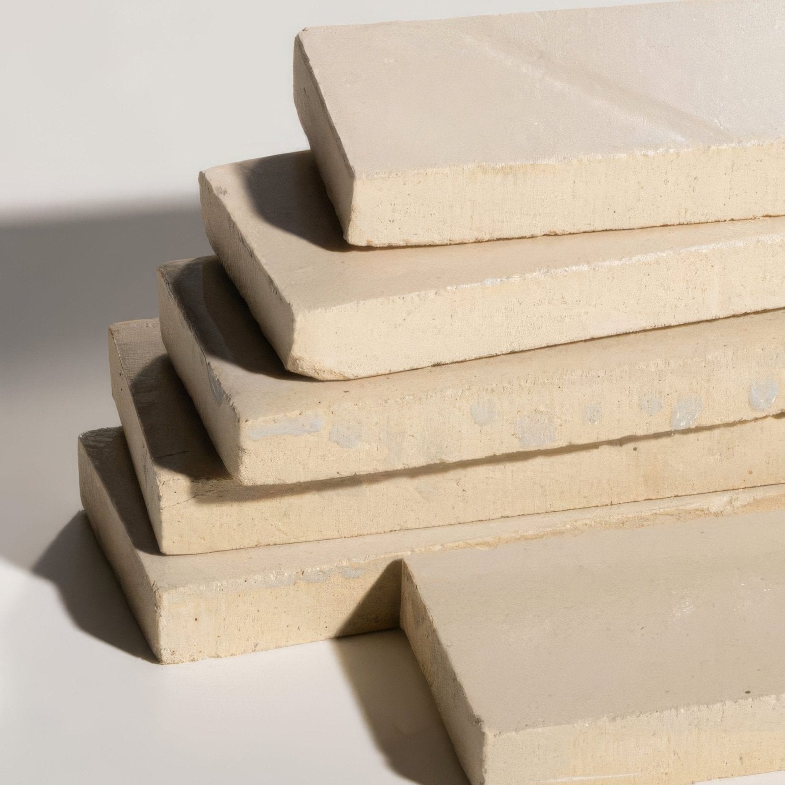 Stack of beige stone glaze ceramic linen gloss brick tiles with textured slightly rough surfaces and visible edges