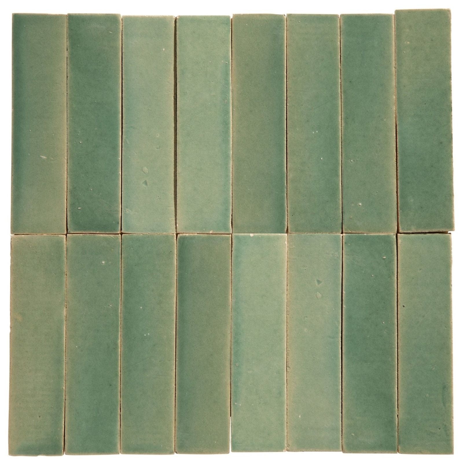Set of twelve rectangular green ceramic stone glaze menthol gloss brick tiles arranged in a grid pattern