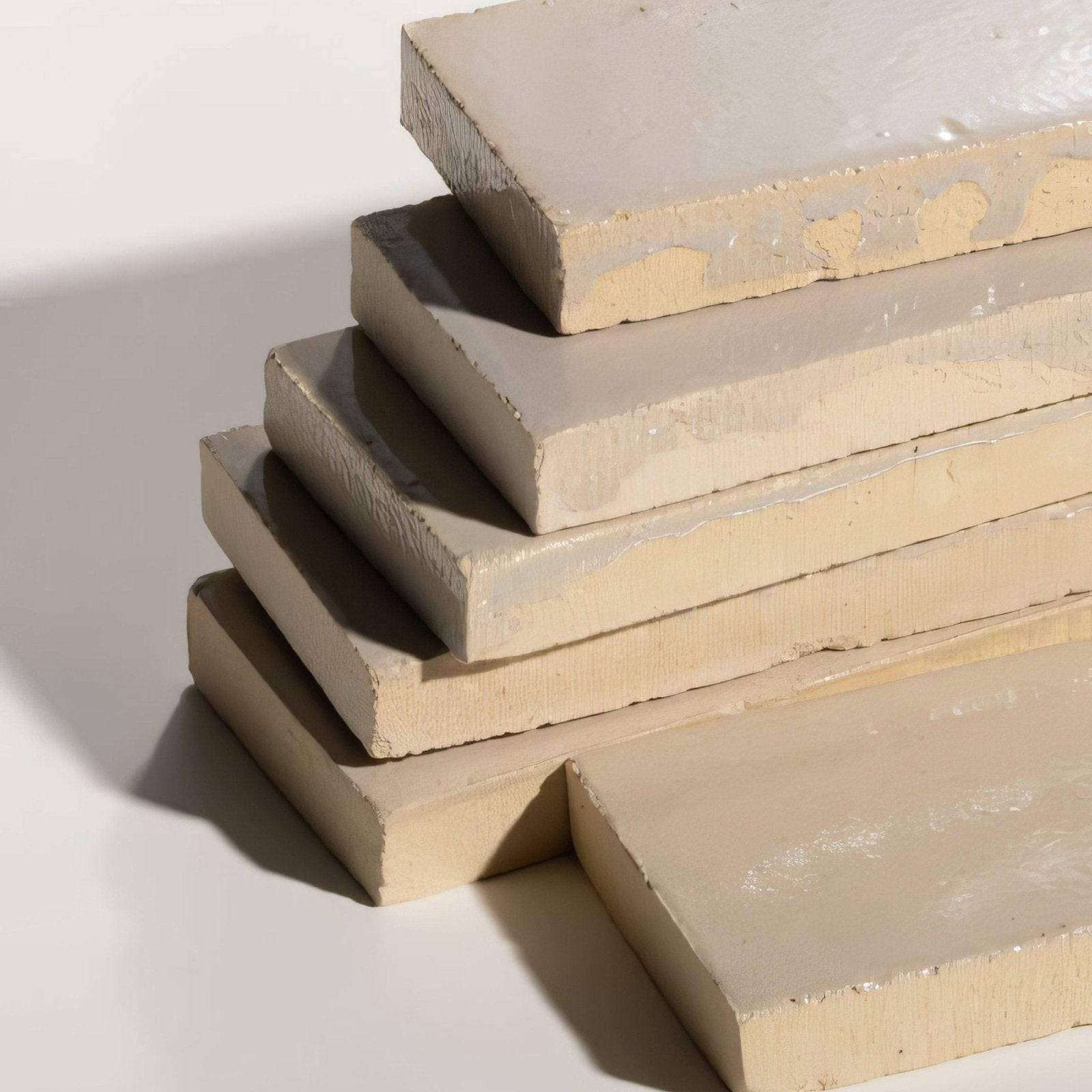 Stack of beige stone glaze ceramic mink gloss brick tiles with textured edges and matte finish