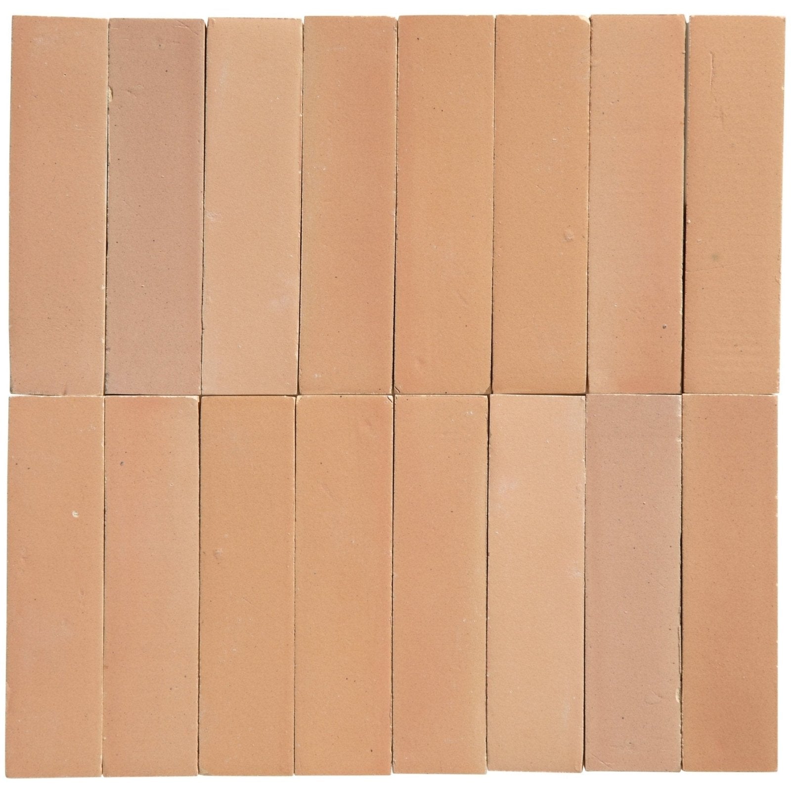Terracotta colored rectangular stone glaze ceramic petal gloss brick tiles arranged in a neat grid pattern