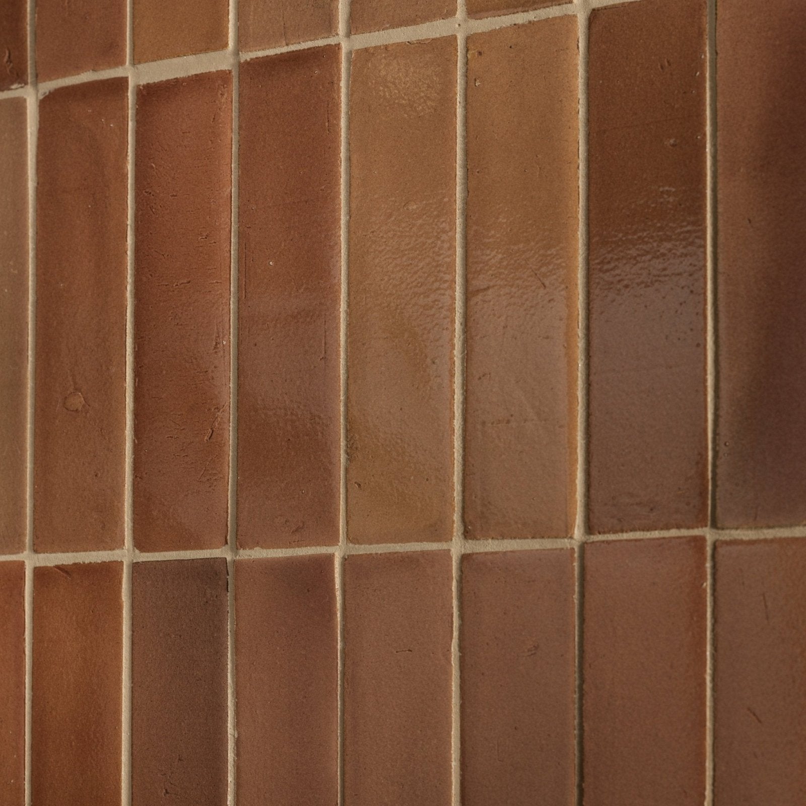 Stone glaze ceramic tan gloss brick featuring terracotta rectangular tiles with matte textured finish and beige grout lines