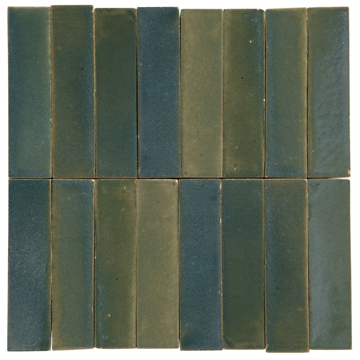 A set of stone glaze ceramic winter pond gloss brick tiles in deep green and blue shades arranged in a grid pattern