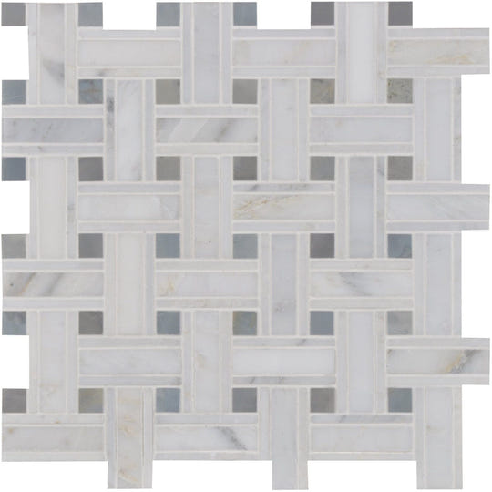 Stratus basket weave stone mosaic featuring white and gray marble tile in a woven basketweave pattern