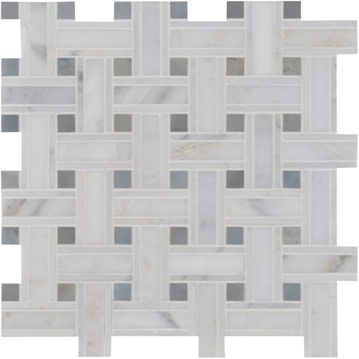 Stratus basket weave stone mosaic featuring white and gray marble tile in a woven basketweave pattern