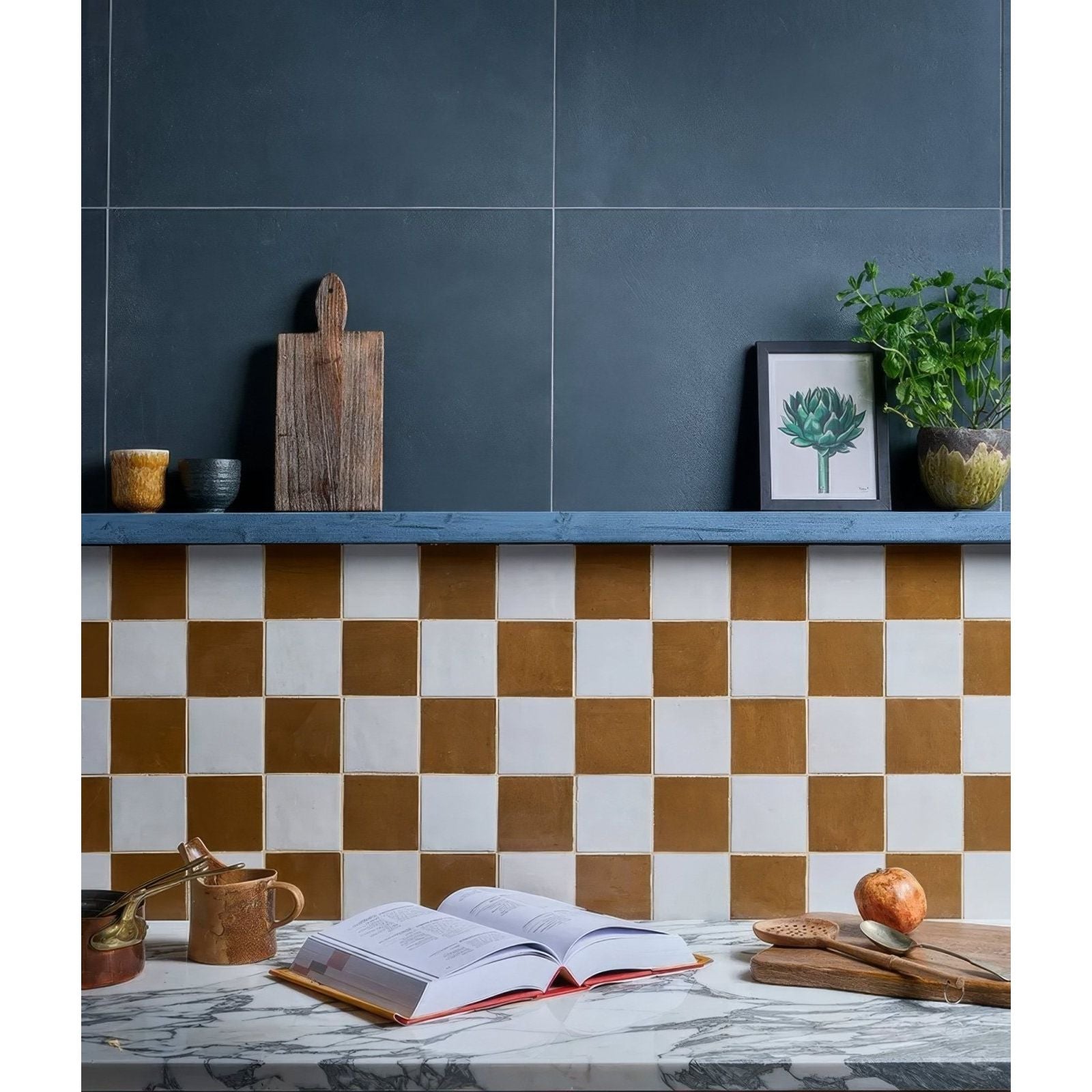 Kitchen backsplash with stucco porcelain textured blue tiles in a classic white and warm brown checkerboard pattern