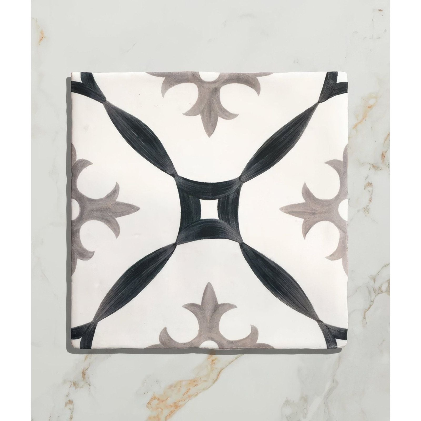 Studio abbey blue ceramic square tile with white base and black gray fleur-de-lis pattern in ceramic material
