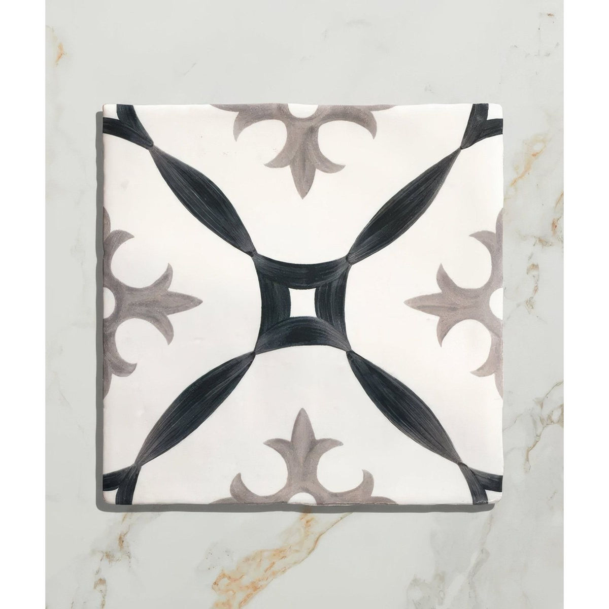 Studio abbey blue ceramic square tile with white base and black gray fleur-de-lis pattern in ceramic material