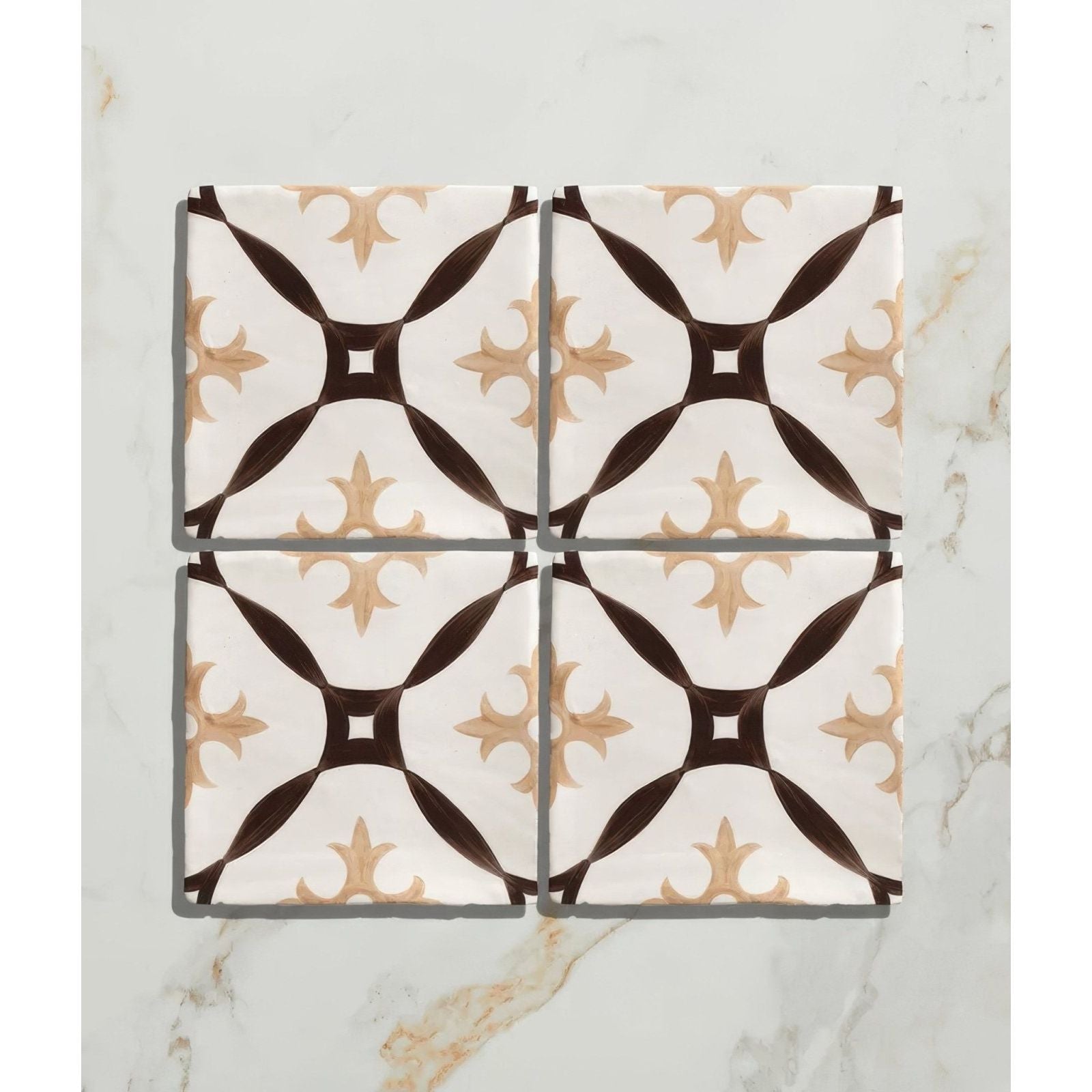 Studio abbey brown ceramic four square white tiles with dark brown lines and beige floral motifs in geometric patterns