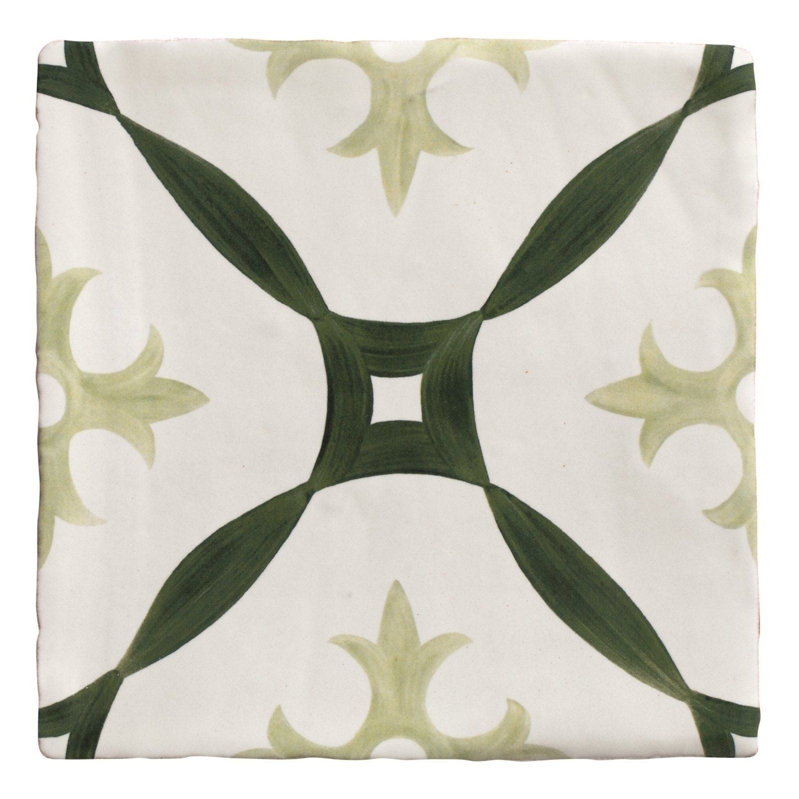 Studio abbey green ceramic square tile with white base and symmetrical dark green and olive leaf motifs in ceramic material