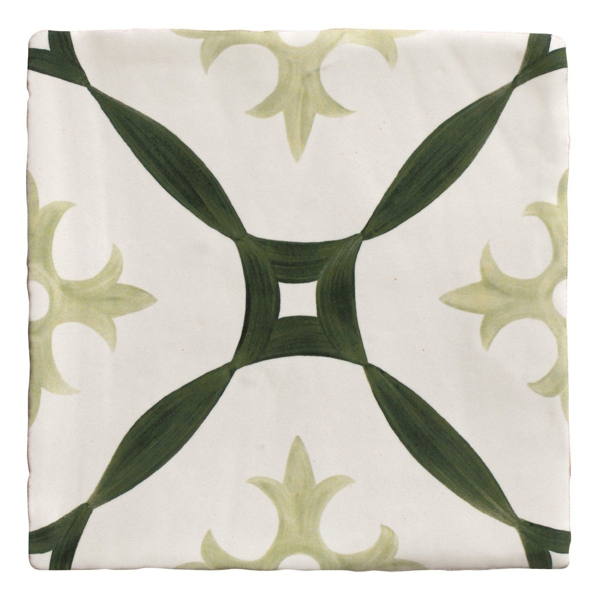 Studio abbey green ceramic square tile with white base and symmetrical dark green and olive leaf motifs in ceramic material