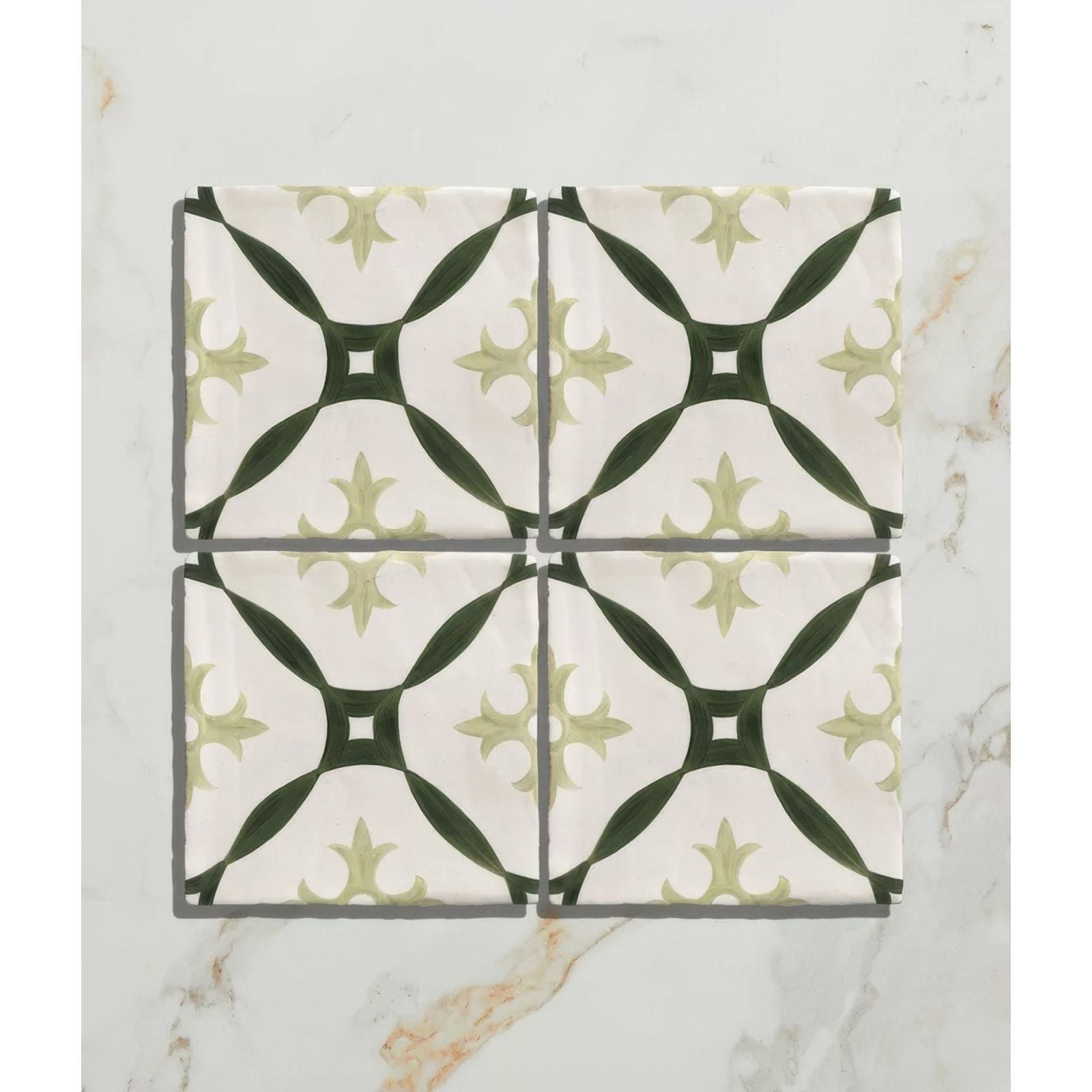 Studio abbey green ceramic white ceramic tiles with repeating dark green and pale sage geometric pattern