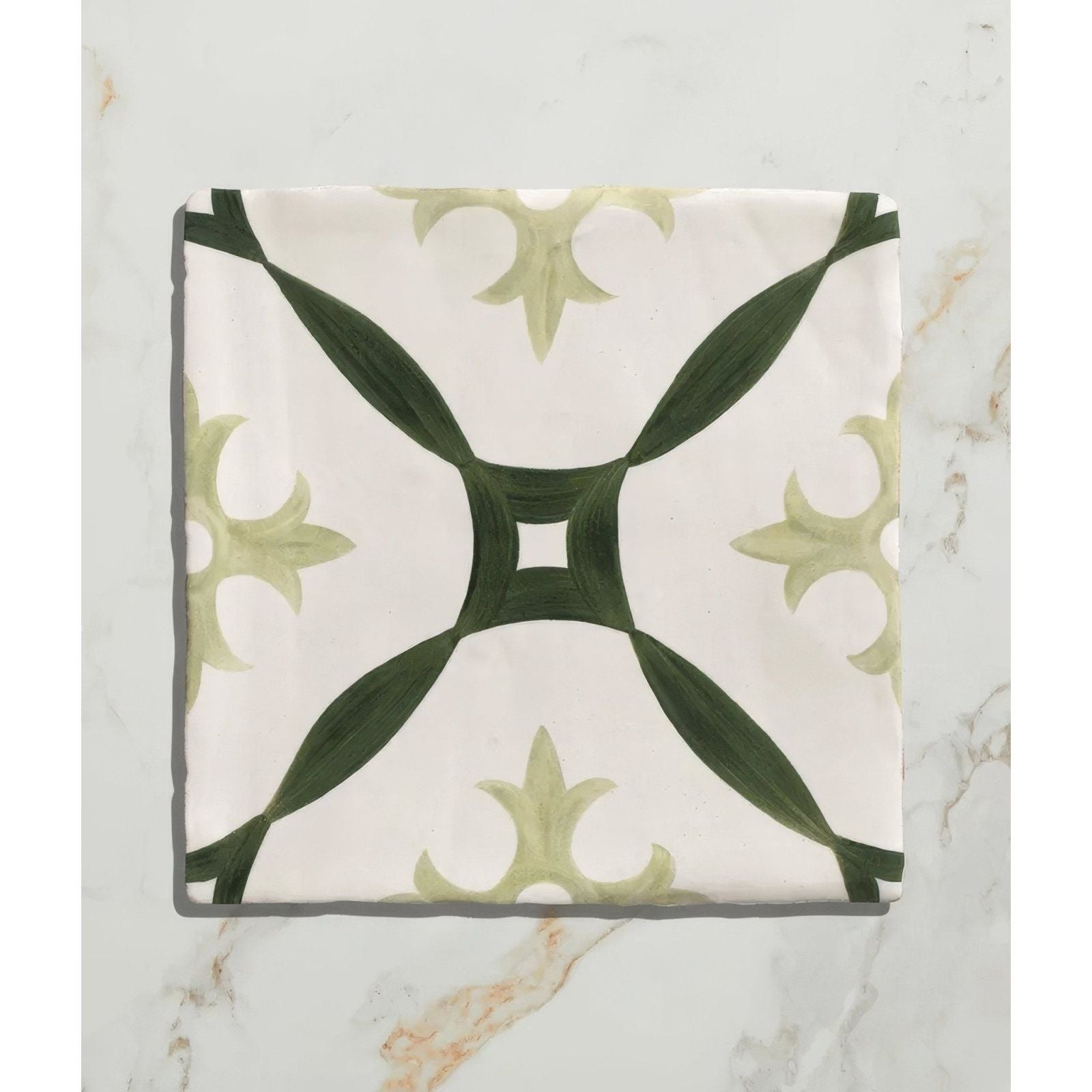 Square studio abbey green ceramic tile with white base dark green leafy patterns and olive green ornate design