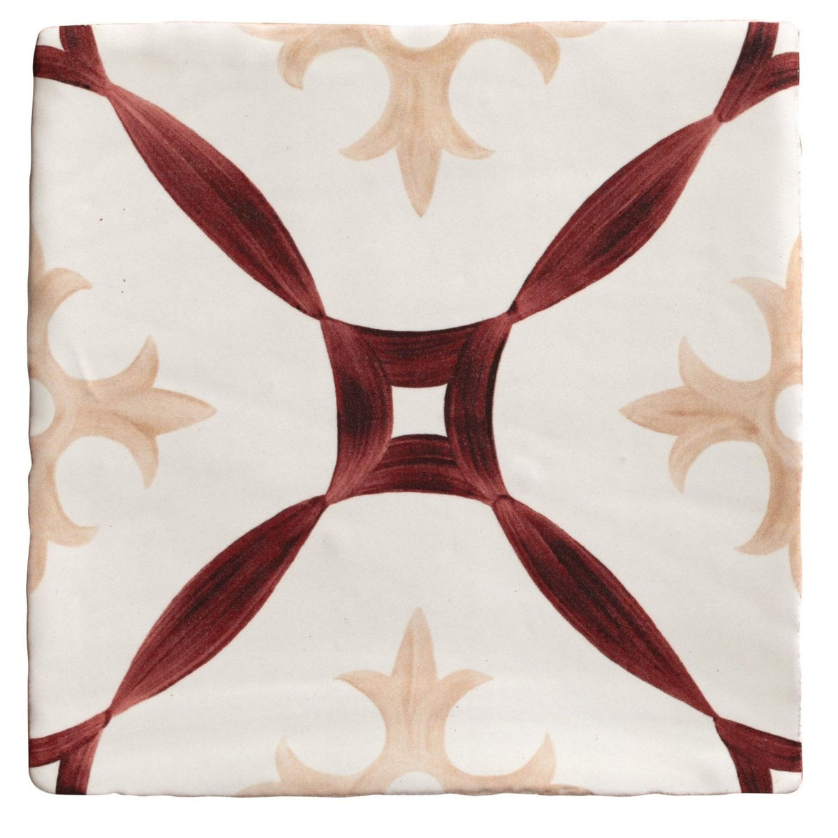 Studio abbey red ceramic square tile with white base and deep red and beige ornamental cross pattern