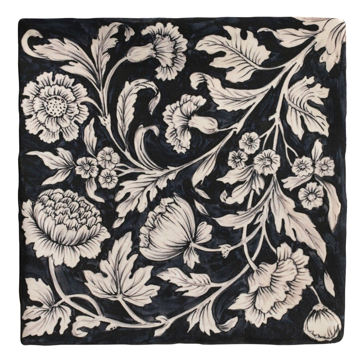 Black square scarf featuring intricate white floral and leaf patterns in a vintage studio assisi blue ceramic design